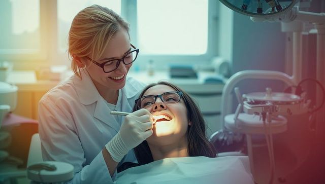 Dentist Examining Happy Patient's Teeth in Modern Dental Clinic
