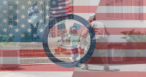 Returning Soldier Embraces Daughter on Independence Day with Patriotic Symbolism