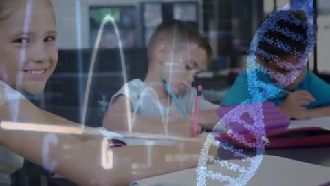 Students Collaborating in Classroom with DNA Helix Animation