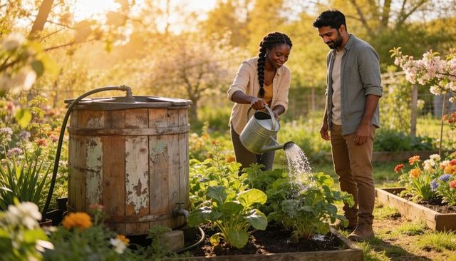 Couple watering vegetable beds with rain barrel in sunny backyard garden at golden hour