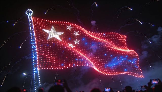Night drone flag of china formed by led swarm with fireworks and crowd silhouettes