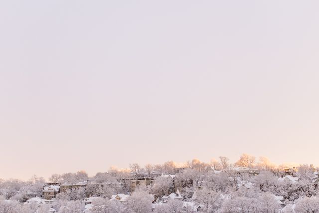 A perfect depiction of a serene, snow-covered suburban area during winter. The soft pinkish hue of the sunset subtly lights up the frosty trees and houses, giving the scene a tranquil and picturesque feel. Ideal for use in travel blogs, winter-themed advertisements, and postcards. It can also illustrate articles about winter living, suburban life, or the beauty of nature in the cold months.