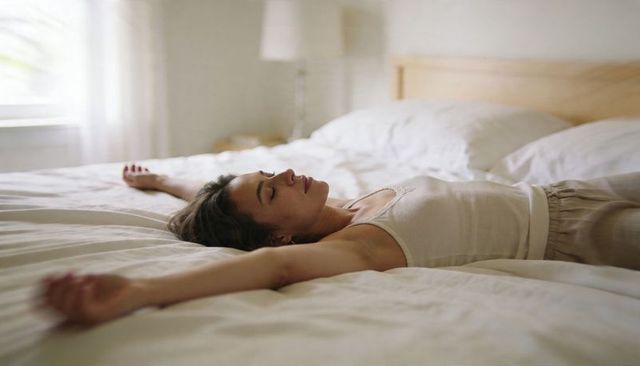 Woman Relaxing on Bed Stretching Arms in Bright Serene Bedroom Morning