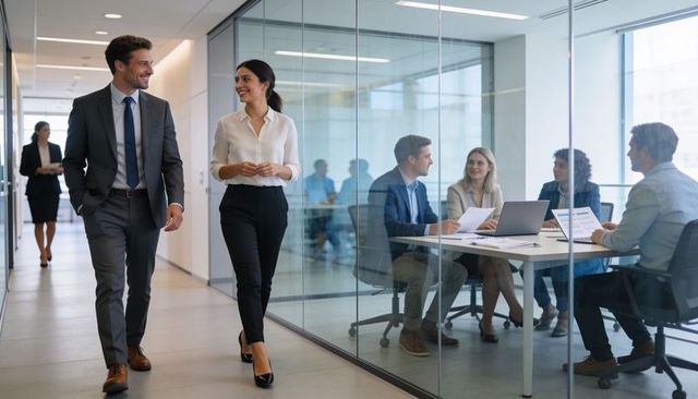 Two corporate colleagues walking and conversing in modern glass-walled office corridor