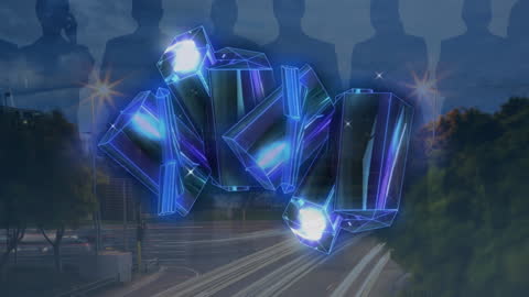 Abstract Geometric Design with Silhouettes on Cityscape Background