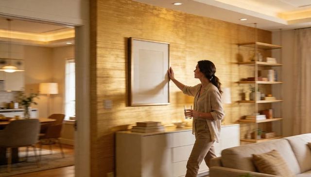 Woman touching framed art in warm modern living room with gold accent wall