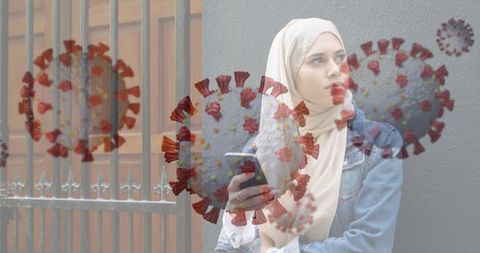 Muslim Woman Using Smartphone with COVID-19 Virus Illustrations