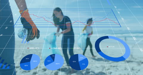Volunteers Cleaning Beach with Overlayed Data Visualization