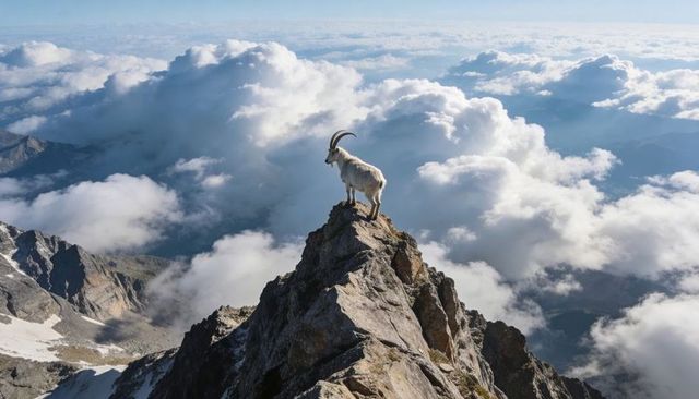 Mountain ibex standing on narrow summit ridge above clouds, dramatic alpine peak vista