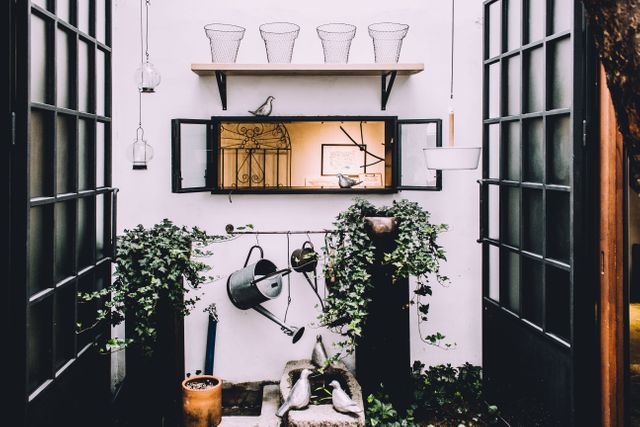 Stylish indoor garden featuring modern decor with a white wall background. Varied plant setups include hanging planters, potted plants, and a watering can. Ideal for articles on home gardening, interior design inspirations, and creating indoor green spaces.