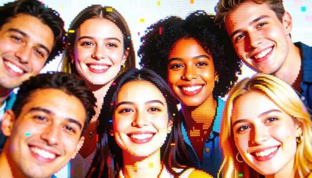 Smiling friends posing under colorful pixel confetti overlay, vibrant studio portrait