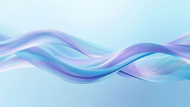 Translucent pastel wave ribbons flowing across pale blue gradient background with sparkle accents