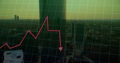 Curved glass skyscraper reflecting city skyline with red descending market graph overlay