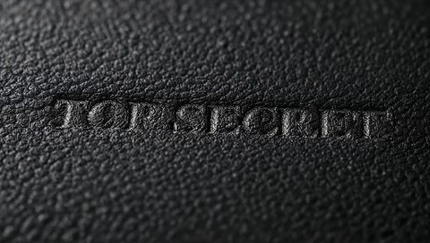 Embossed top secret text recessed in black pebbled leather macro high-contrast detail