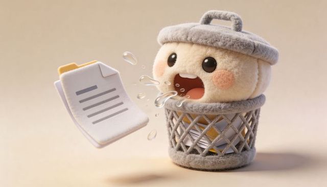 Plush trash can mascot ejecting documents and spitting water droplets, cute 3d character