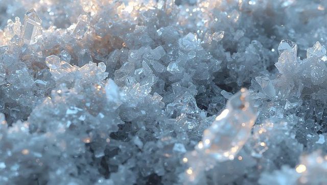 Prismatic ice crystal cluster catching low-angle sunlight macro closeup shimmering frost