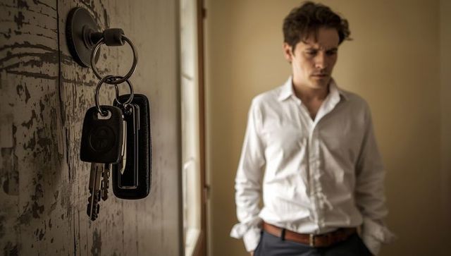 Focus on keys hanging on door with man in background