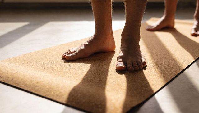 Bare feet balancing on cork yoga mat in sunlit interior with window shadow lines