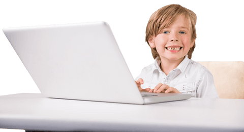 Happy schoolboy using laptop on transparent background