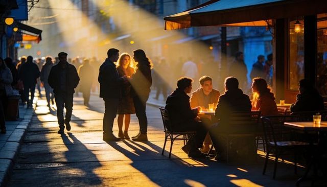 Friends enjoying golden hour drinks at busy sidewalk cafe with backlit silhouettes