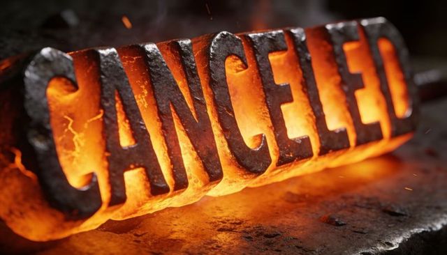 Glowing forged metal bar stamped cancelled, sparking bench with molten heat and oxidation