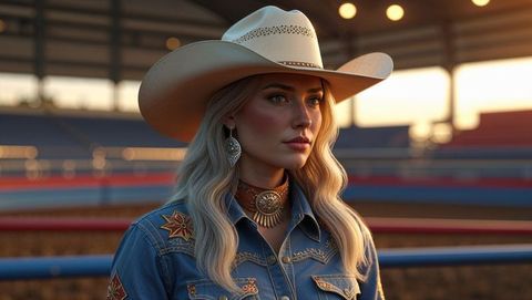 Fashionable cowgirl in western rodeo arena at sunset