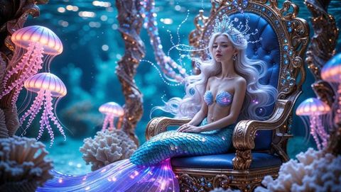 Majestic mermaid queen on throne with enchanting jellyfish