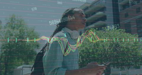 Businessman Using Smartphone Looking for Transport Amidst Digital Graphics