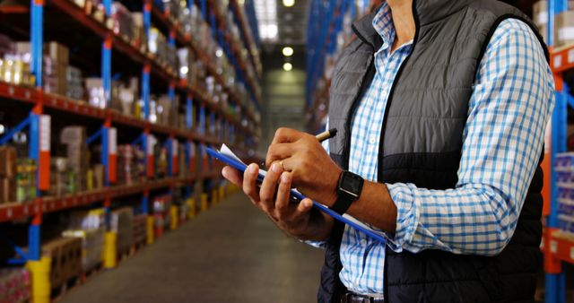 A young man in a warehouse is checking inventory with a clipboard and pen, with copy space - Download Free Stock Photos Pikwizard.com