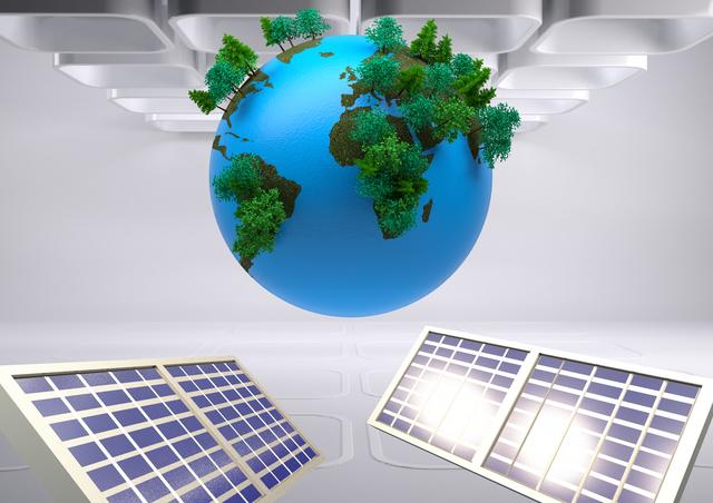 This image depicts a digital illustration of solar panels with a globe featuring trees growing on it, symbolizing renewable energy and environmental sustainability. It can be used in articles, presentations, and campaigns focused on green energy, eco-friendly technologies, and environmental conservation.