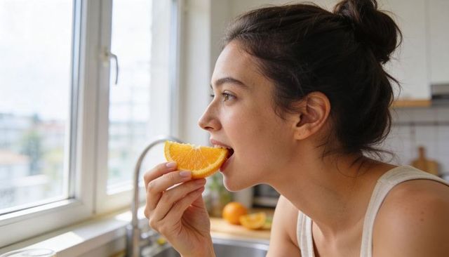 Young woman eating orange slice at sunlit kitchen window enjoying healthy morning routine