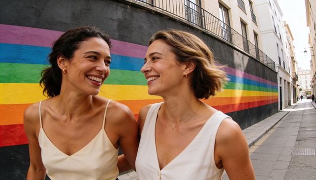 Smiling same-sex couple walking arm in arm past vibrant rainbow mural on city street