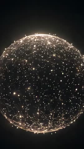 Vertical Rotating Bioluminescent Filament Sphere Pulsing Nodes in Dark Void Data Network Loop