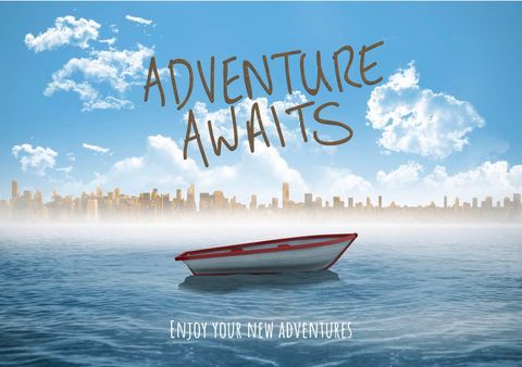 adventure awaits concept with boat and cityscape - Download Free Stock Templates Pikwizard.com
