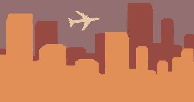 Illustration of airplane flying over urban cityscape at sunset. Modern buildings are silhouetted against twilight sky. Useful for travel advertisements, airline promotions, and urban-themed designs.