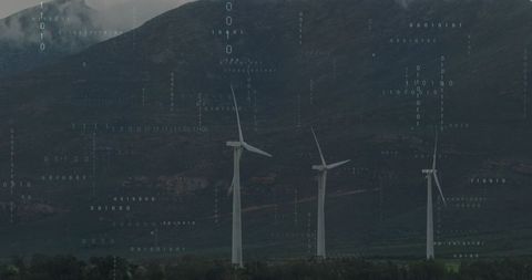 Futuristic Wind Turbines with Digital Overlay in Mountain Landscape