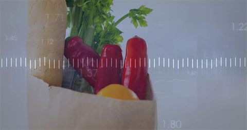 Showcasing grocery bag with fresh peppers, celery and baguette with price data overlay