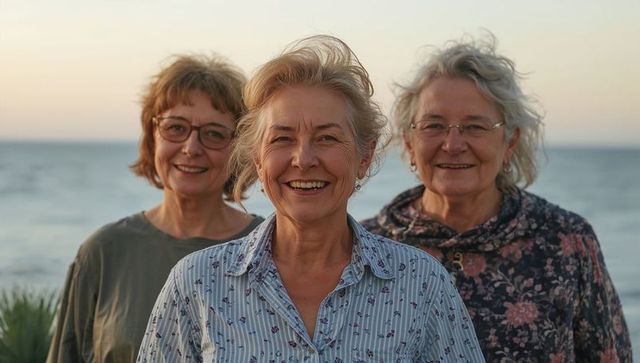 Three senior women smiling and enjoying coastal sunset, standing together at shoreline