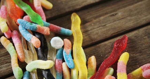 Colorful gummy worms scattered on wooden table. This image can be used for candy store promotions, advertisements for sugary treats, or blog posts about favorite childhood sweets.