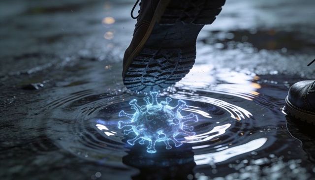 Boot stepping into glowing coronavirus hologram in rain puddle at night with ripples and reflections