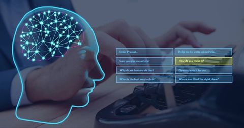 Neon ai brain overlay with neural network, ui prompts and hands typing on keyboard