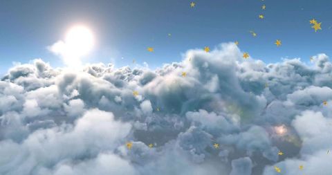 Ethereal Cumulus Clouds with Sun and Golden Stars Dreamscape
