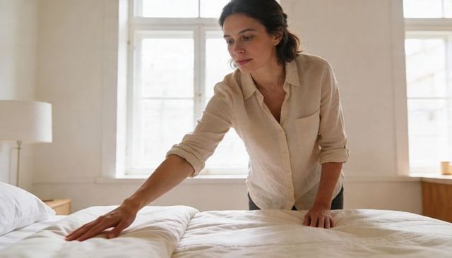 Making bed in sunlit minimalist bedroom, woman smoothing white comforter and tidy bedding