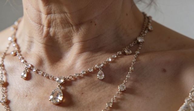 Showing gold teardrop necklaces on mature neck, bare shoulders, closeup jewelry elegance