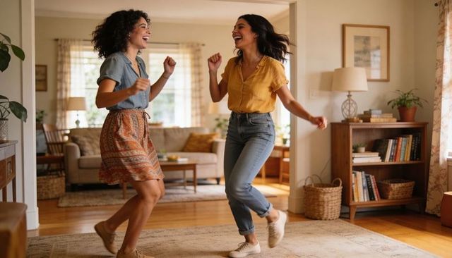 Two women dancing in cozy living room enjoying joyful movement and friendship