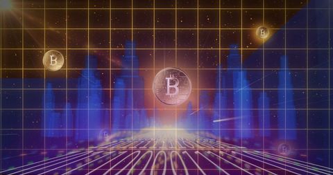 binary coding with bitcoin symbols and digital cityscape background - Download Free Stock Images Pikwizard.com