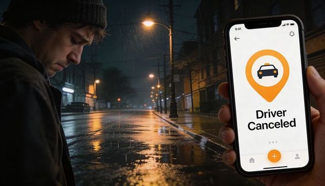 Ridehail cancellation on rainy night street with disappointed passenger holding phone