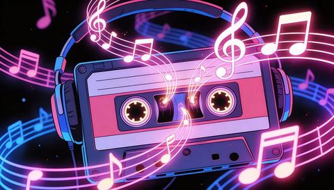 Spinning neon cassette with headphones emitting vibrant synthwave music notes