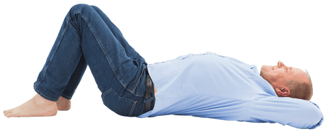 Transparent Mature Man Lying Casual Blue Attire