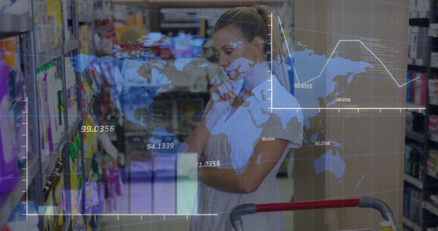 Image of data processing over world map against thoughtful caucasian woman at grocery store. Global economy and retail business concept